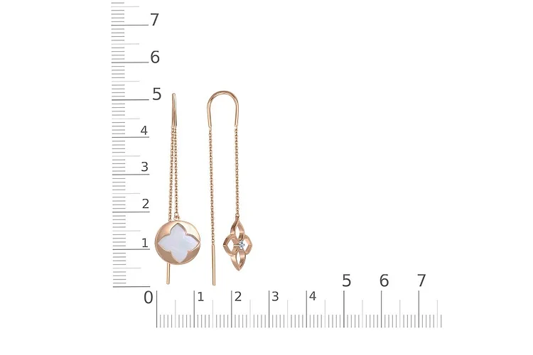 Серьги-продёвки Клевер из красного золота с перламутром и фианитом