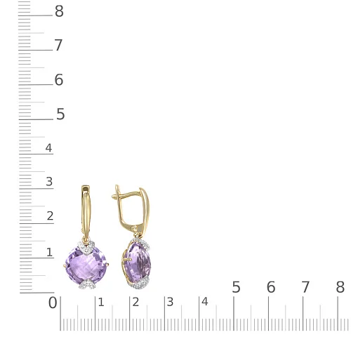 Серьги из жёлтого золота с 2 аметистами и 12 фианитами