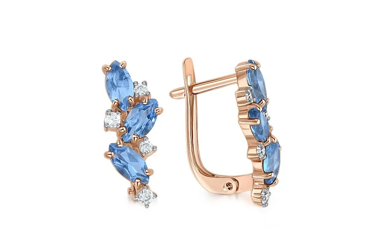 Серьги из красного золота с 6 топазами swiss и 8 фианитами