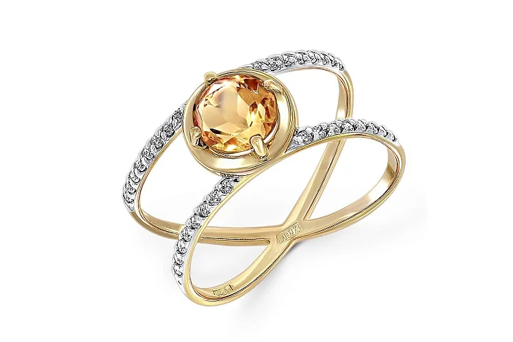 Кольцо из жёлтого золота с цитрином и 32 фианитами