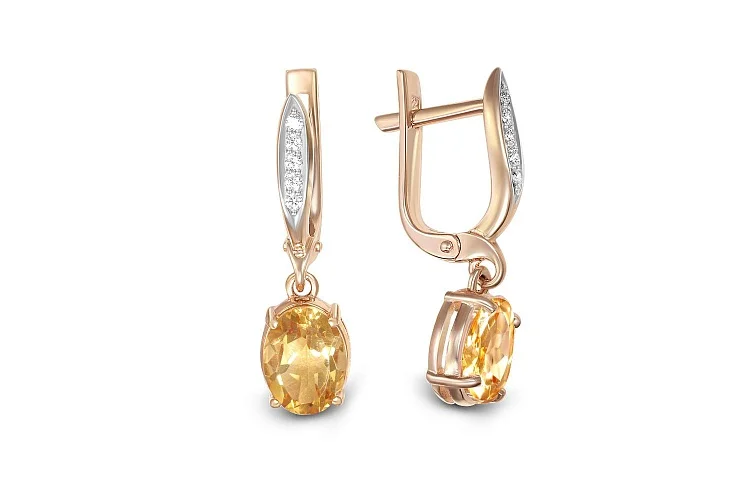 Серьги из красного золота с 2 цитринами и 10 фианитами