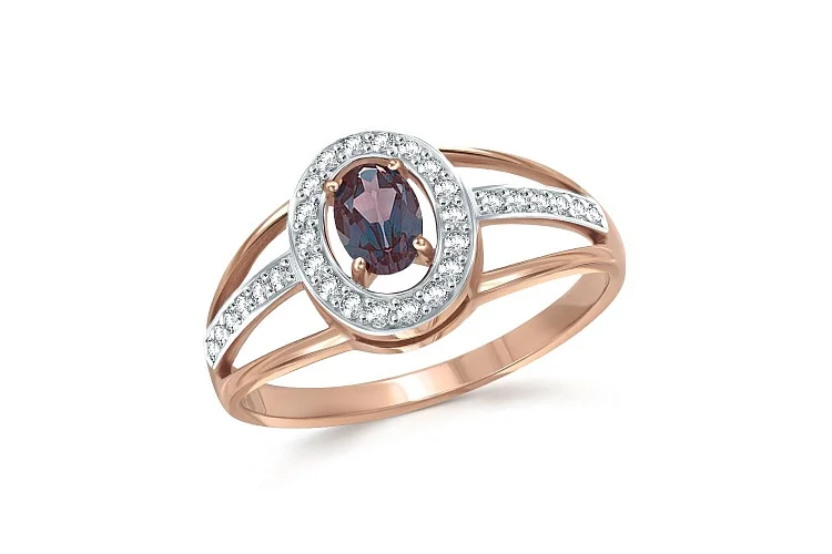 Кольцо из красного золота с александритом и 30 фианитами