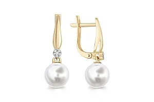 Серьги из жёлтого золота с 2 жемчужинами и 12 бриллиантами