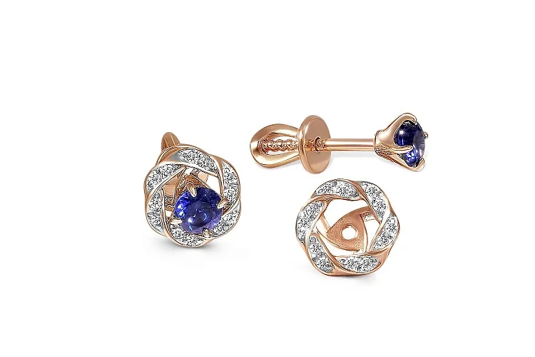 Серьги-пусеты из красного золота с 26 фианитами
