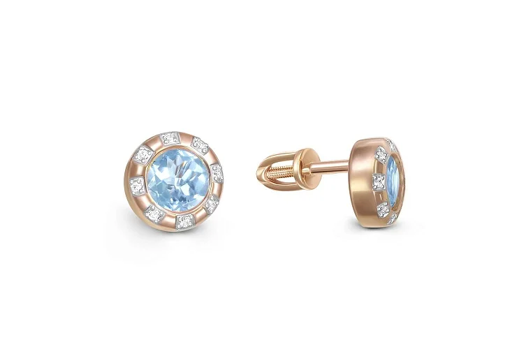 Серьги-пусеты из красного золота с 2 топазами sky и 16 фианитами