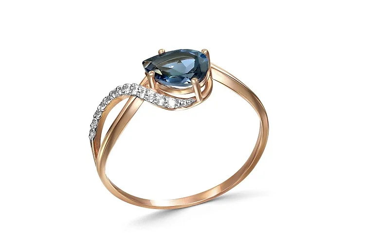 Кольцо из красного золота с топазом лондон и 13 фианитами