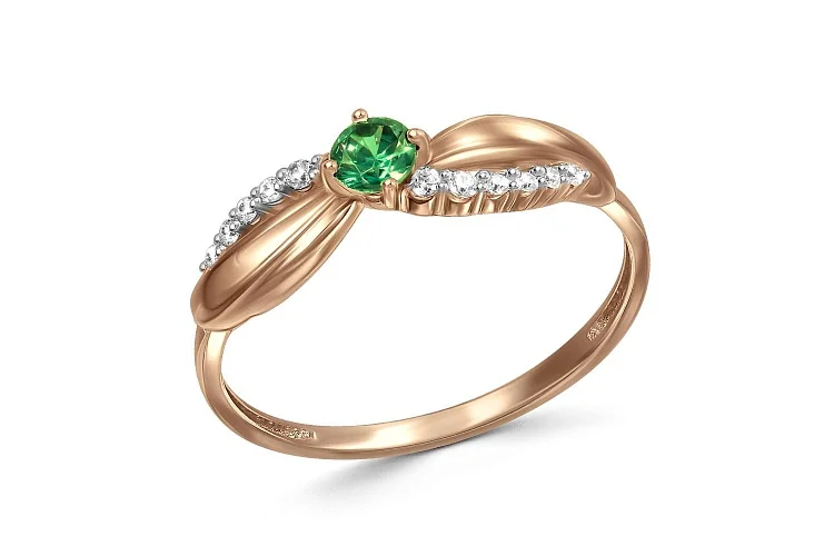 Кольцо из красного золота с изумрудом и 12 бриллиантами