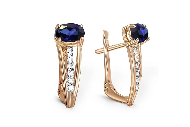 Серьги из красного золота с 2 сапфирами и 12 бриллиантами