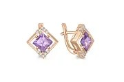 Серьги Квадраты из красного золота с 2 аметистами и 20 фианитами