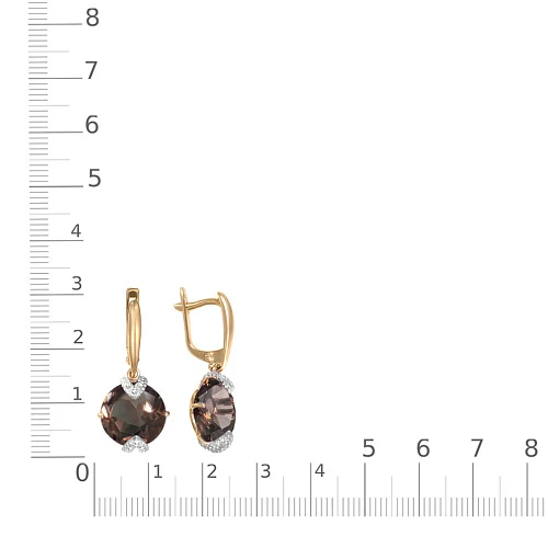 Серьги из красного золота с 2 раухтопазами и 12 фианитами