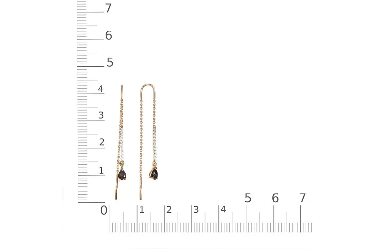 Серьги-продёвки Дорожки из красного золота с 2 раухтопазами и 20 фианитами