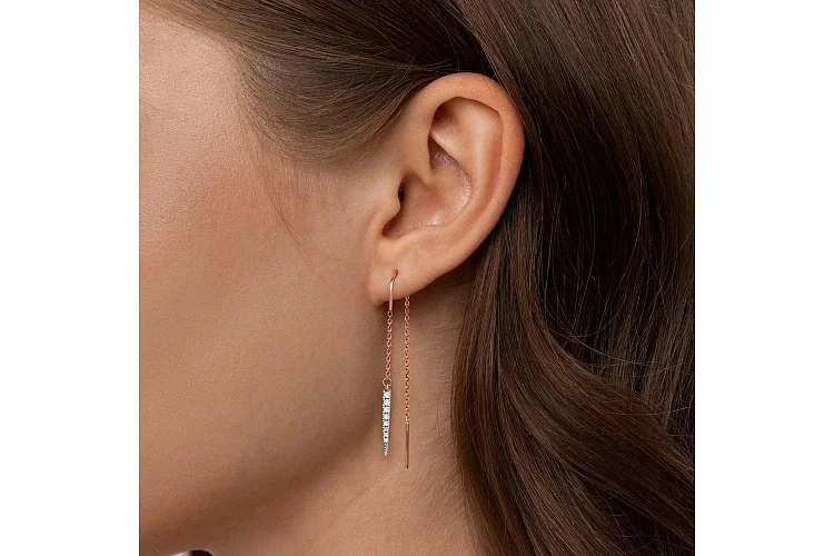 Серьги-продёвки Дорожки из красного золота с 16 фианитами