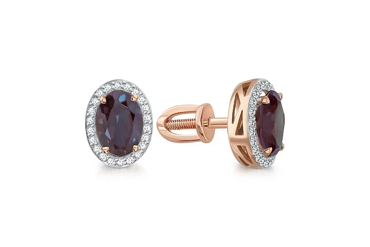 Серьги-пусеты из красного золота с 2 александритами и 44 фианитами