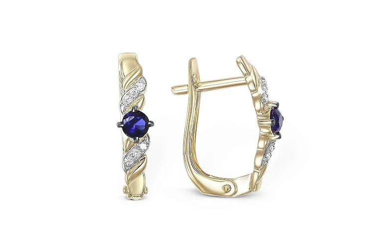 Серьги из жёлтого золота с 2 сапфирами и 12 бриллиантами