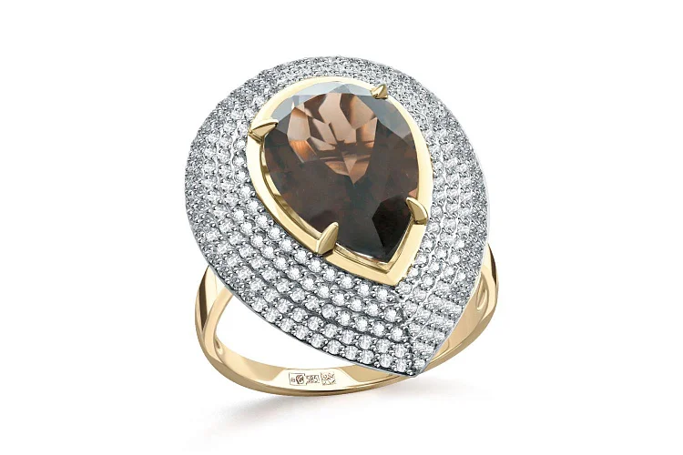 Кольцо из жёлтого золота с раухтопазом и 246 фианитами