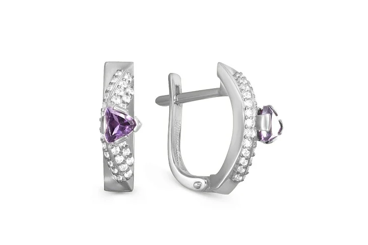 Серьги из белого золота с 2 аметистами и 54 фианитами