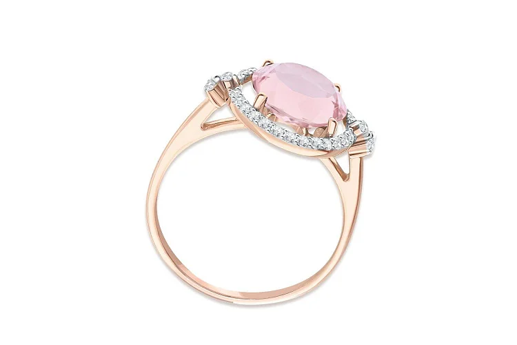 Кольцо из красного золота с кварцем и 32 фианитами