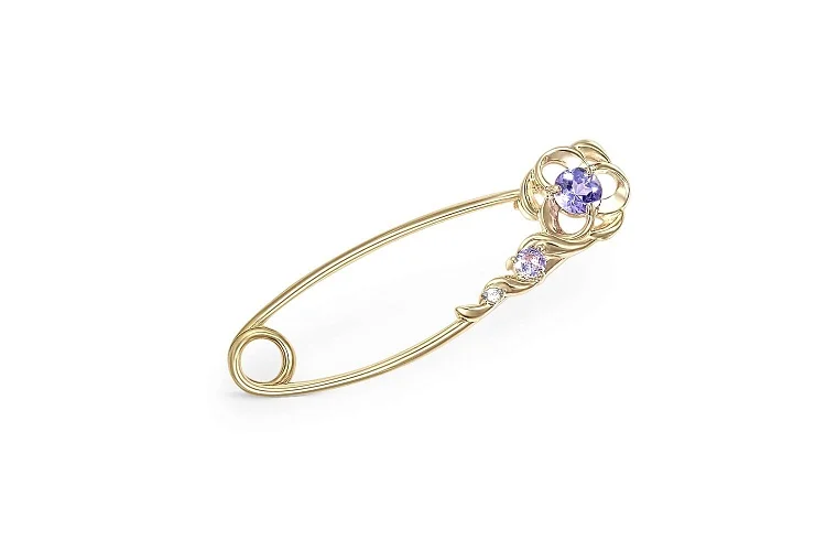 Булавка Цветок из жёлтого золота с 2 танзанитами и бриллиантом