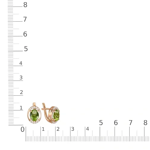Серьги из красного золота с 2 хризолитами и 20 фианитами