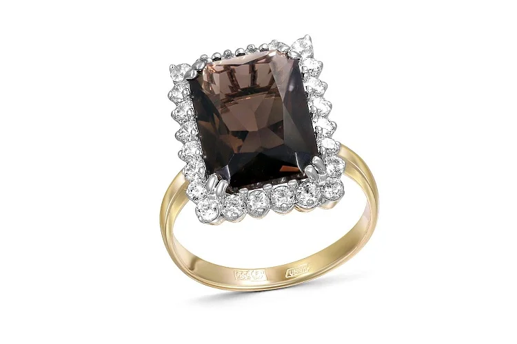 Кольцо из жёлтого золота с раухтопазом и 24 цитринами