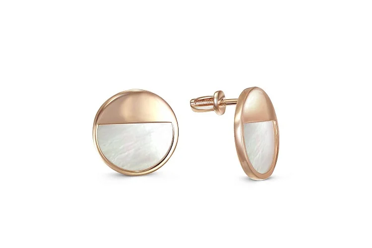 Серьги-пусеты Круги из красного золота с перламутром
