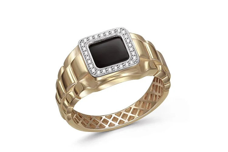Печатка из жёлтого золота с ониксом и 28 фианитами