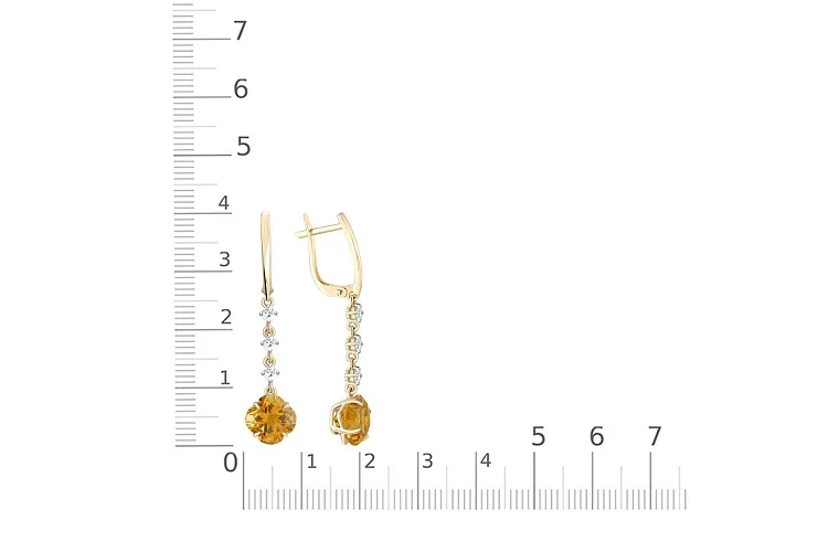 Серьги из жёлтого золота с 2 цитринами и 6 фианитами