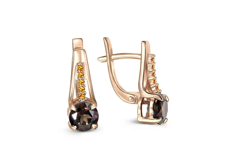 Серьги из красного золота с 2 раухтопазами и 10 сапфирами