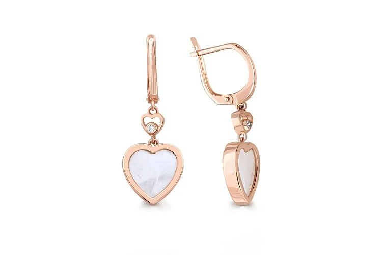 Серьги Сердца из красного золота с перламутром и 2 фианитами