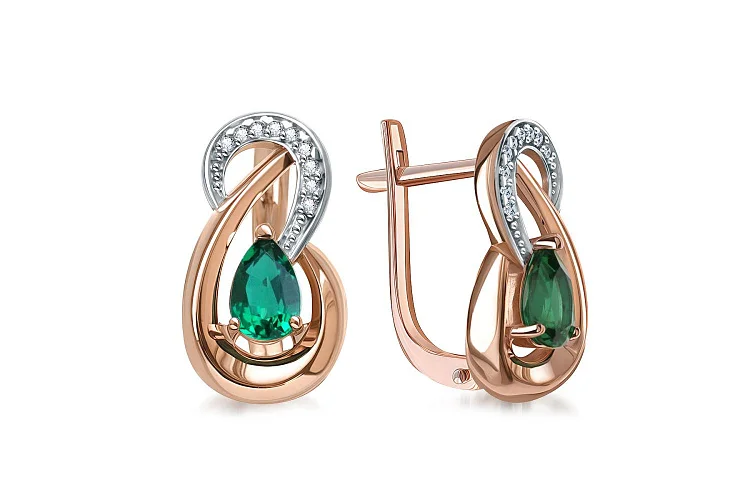 Серьги из красного золота с 2 изумрудами и 18 фианитами