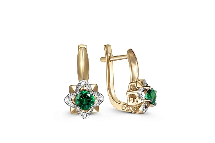 Серьги Цветы из жёлтого золота с 2 изумрудами и 8 бриллиантами