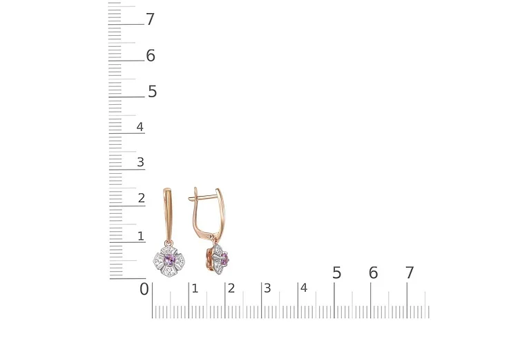 Серьги Цветы из красного золота с 2 аметистами и 24 фианитами