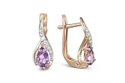 Серьги из красного золота с 2 аметистами и 14 фианитами