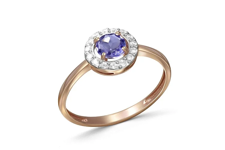 Кольцо из красного золота с ситаллом и 15 фианитами