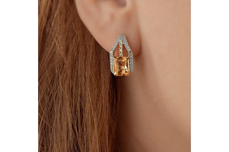 Серьги из жёлтого золота с 2 цитринами и 56 фианитами
