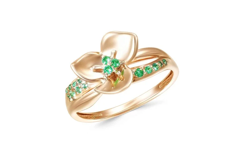 Кольцо Цветок из красного золота с 16 изумрудами