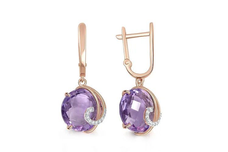 Серьги из красного золота с 2 аметистами и 16 фианитами