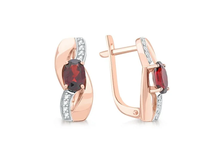 Серьги из красного золота с 2 гранатами и 16 фианитами