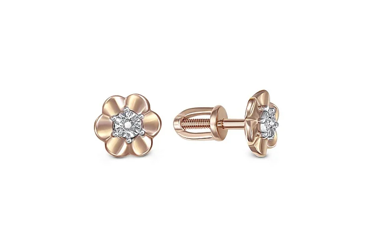 Серьги-пусеты Цветы из красного золота с 2 фианитами