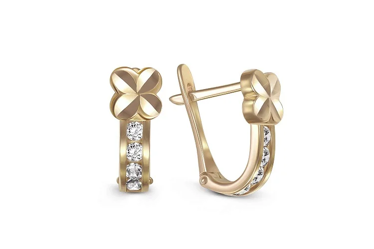 Серьги детские Цветы из жёлтого золота с 8 фианитами