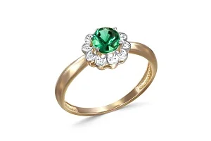 Кольцо Цветок из жёлтого золота с изумрудом и 10 бриллиантами