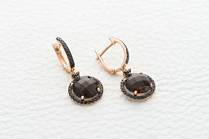 Серьги из красного золота с 2 раухтопазами и 78 фианитами