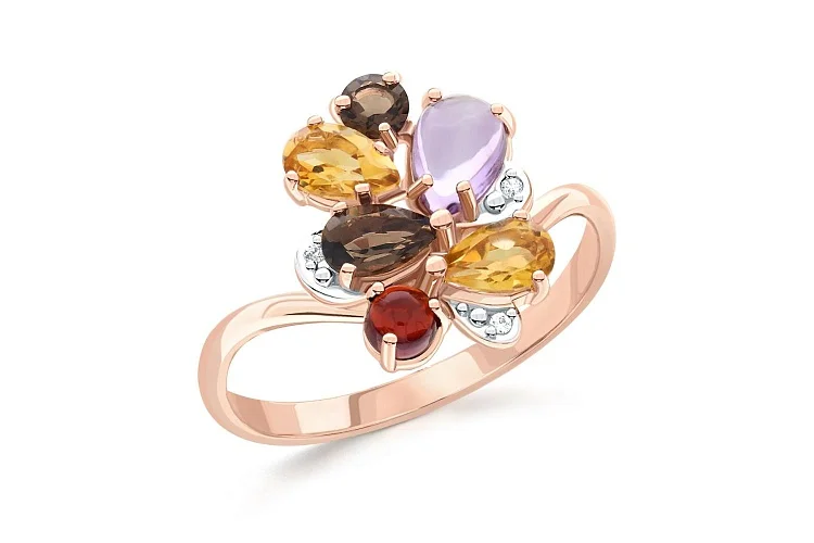 Кольцо из красного золота с аметистом, гранатом и раухтопазами
