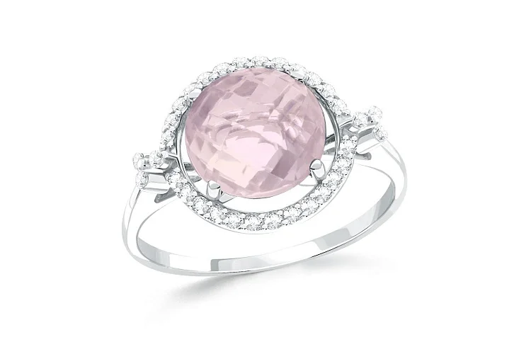 Кольцо из белого золота с кварцем и 32 фианитами