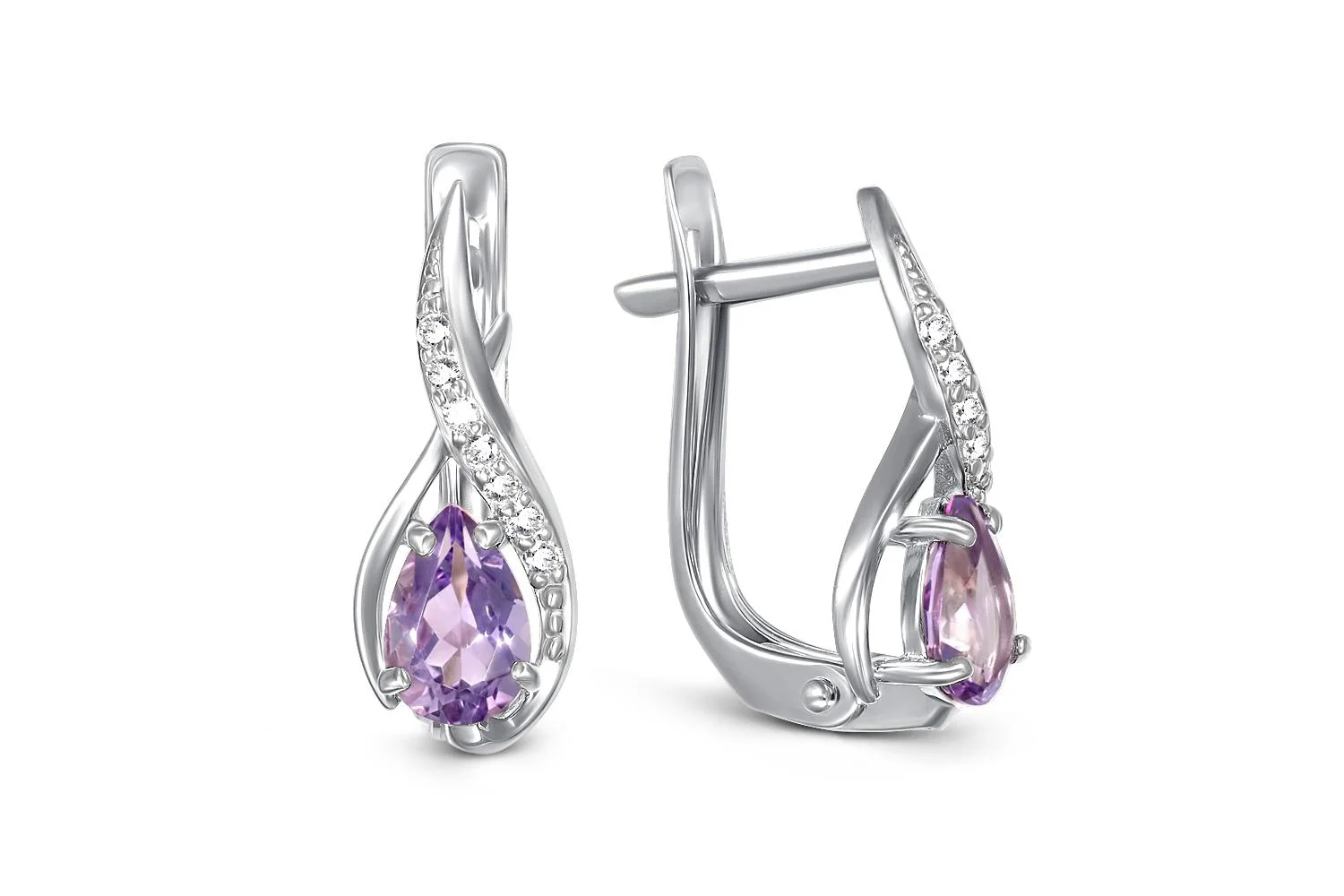 Серьги из белого золота с 2 аметистами и 14 фианитами