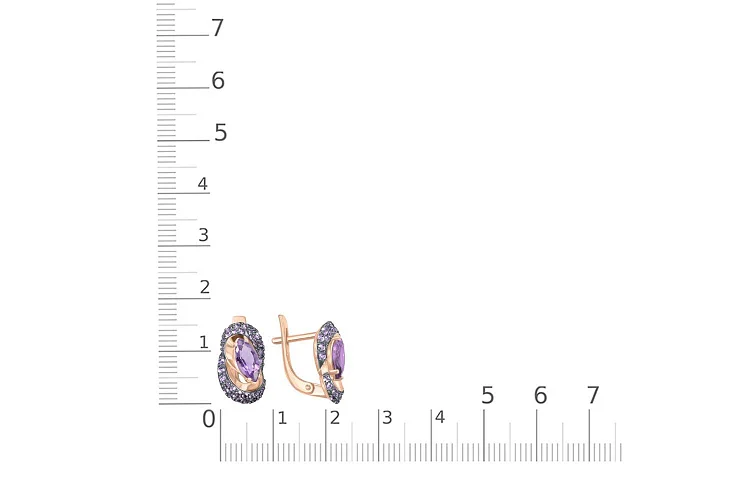 Серьги из красного золота с 2 аметистами и 64 фианитами