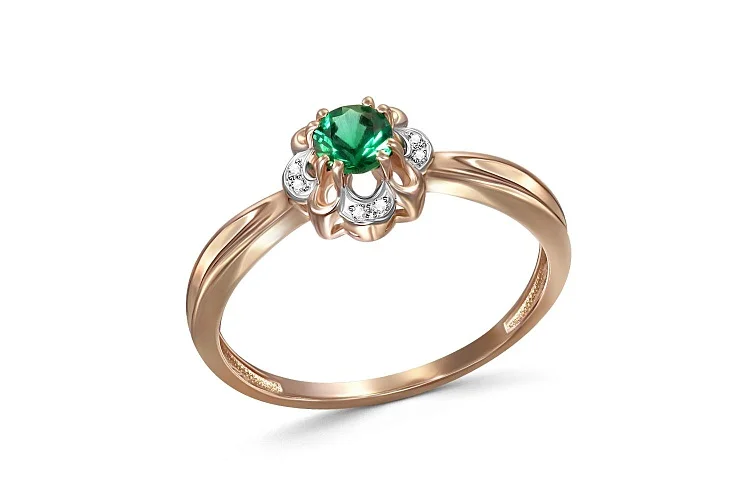 Кольцо Цветок из красного золота с изумрудом и 8 фианитами