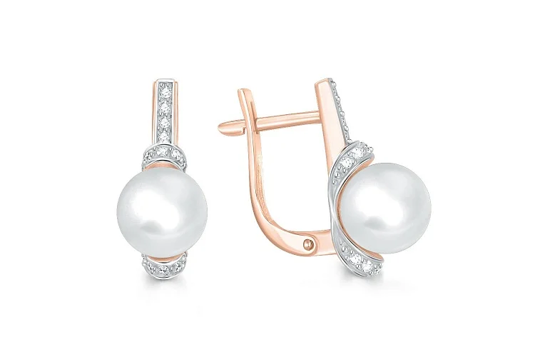 Серьги из красного золота с 2 жемчужинами и 28 фианитами