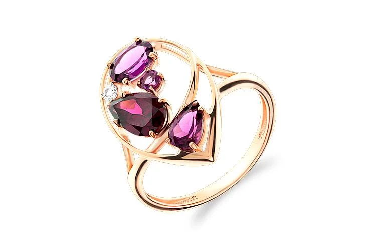 Кольцо из красного золота с 4 родолитами и фианитом