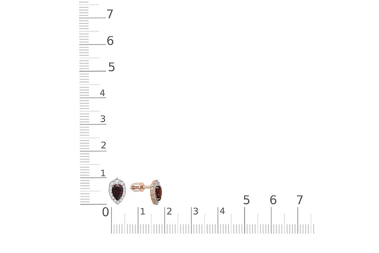 Серьги-пусеты из красного золота с 2 гранатами и 28 фианитами
